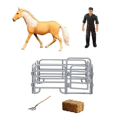 Фигурки животных серии "Мир лошадей": Авелинская лошадь, фермер, ограждение, вилы, сено