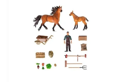 Набор фигурок животных серии "Мир лошадей": Конюшня игрушка, лошади, фермер, инвентарь