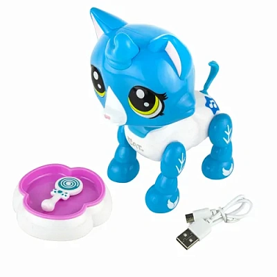 1 toy, интерактивная игрушка Робо-котенок бело-голубой, свет,звук, движение, USB зарядка