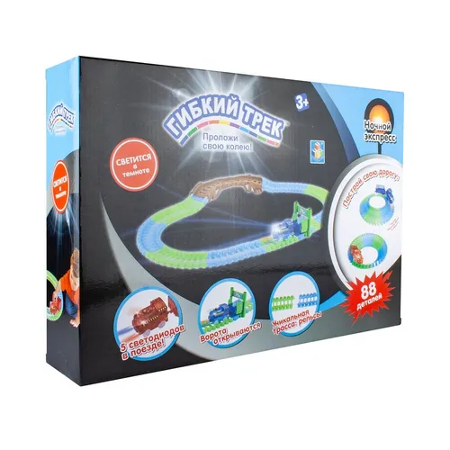 1toy гибкий трек “Ночной Экспресс“, ворота, мини-мост, паровоз со светом, 88 дет, дорога светится в 