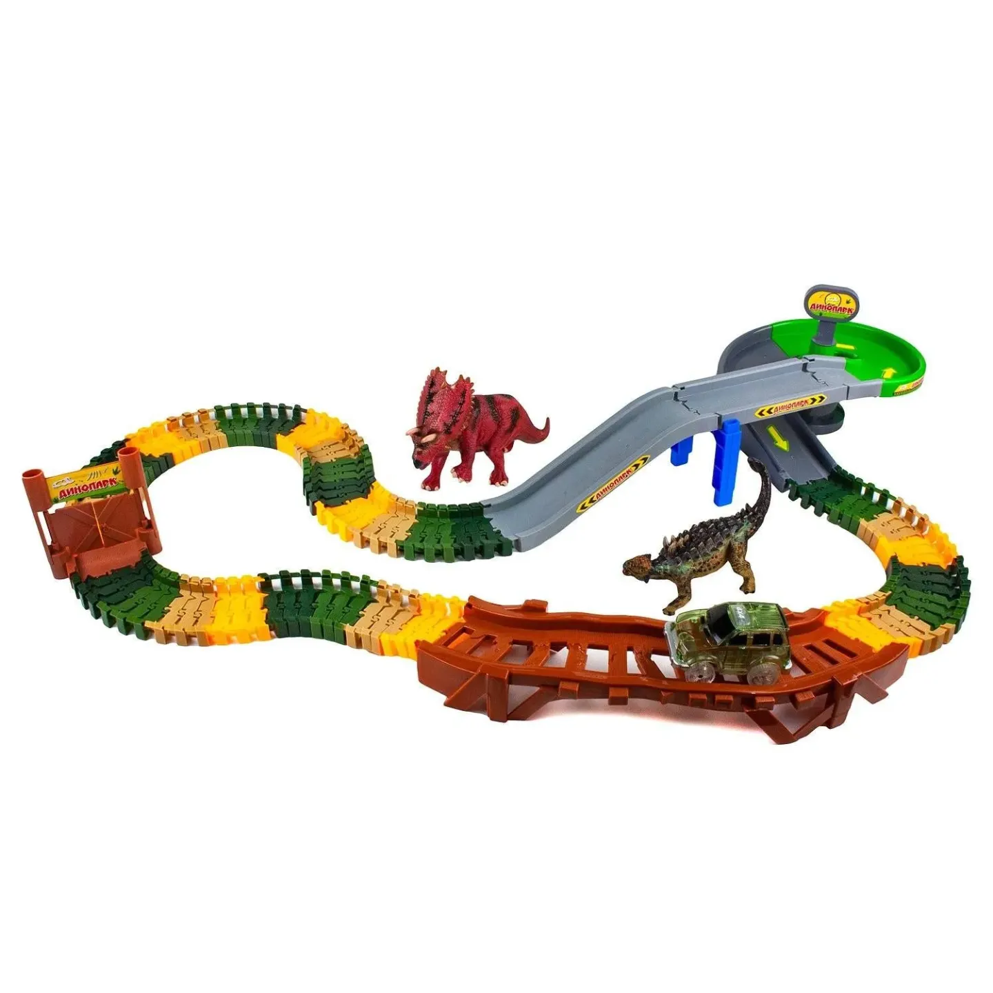 1toy гибкий трек “Динопарк“ 108 дет, эсткада, туннель, ворота, 2  бол. динозавра 1 маш.