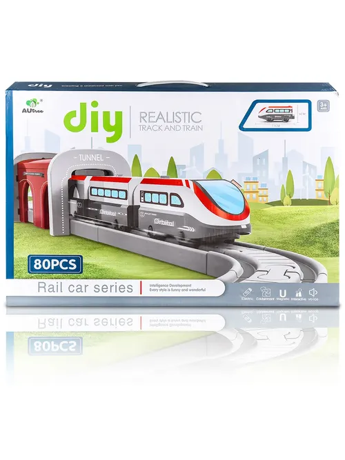 Игровой набор Ou Qi “Железная дорога: пригород“ (77х66 см, 92 дет., поезд, машины, звук) 