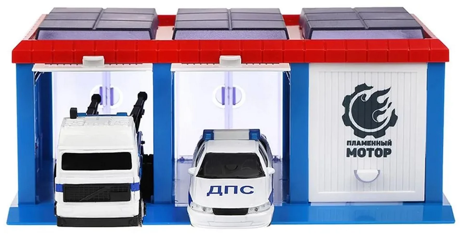 Гараж Полиция ДПС, открываются передние и задние ворота, эвакуатор мет.1:43, патрульная машина