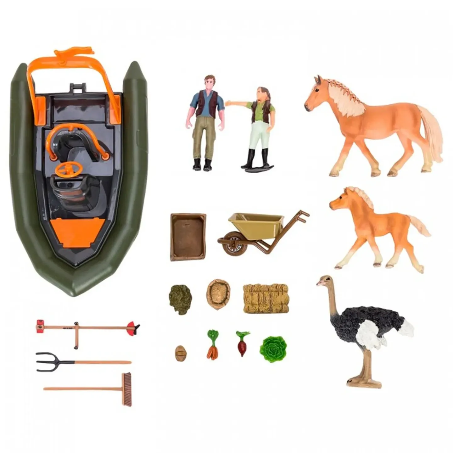 Набор фигурок животных серии “На ферме“: Ферма игрушка, лошади, страус, лодка, фермеры. 22 предмета