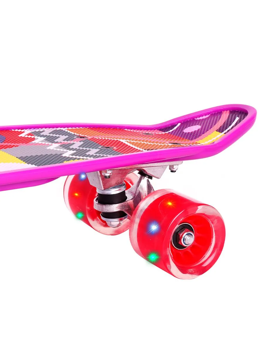 Пенниборд пластик (58х16) (колеса PU,свет,ручка,макс.вес 60 кг) фиолет. рисунок