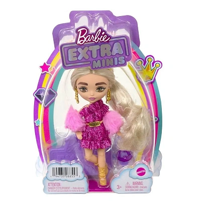 Barbie Мини-кукла Экстра Модница в мерцающем платье с меховой накидкой
