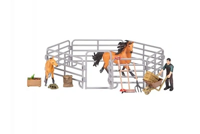 Набор фигурок животных серии "Мир лошадей": Конюшня игрушка, лошади, фермер, инвентарь