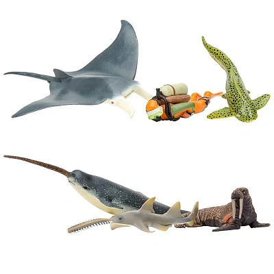 Фигурки игрушки серии "Мир морских животных": Манта, нарвал, морж, рыба-пила, акула-зебра