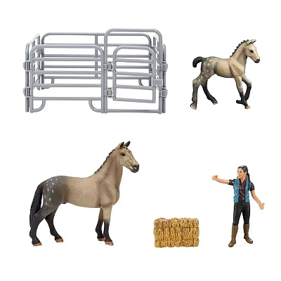 Фигурки животных серии "Мир лошадей": Лошадь и жеребенок, наездница, ограждение