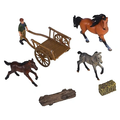 Фигурки животных серии "Мир лошадей": Лошадь и 2 жеребенка, фермер, телега