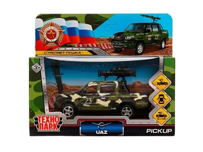 Машина металл УАЗ ПИКАП КАМУФЛЯЖ С ПУШКОЙ 12 см, двери, багаж, инерц, кор. Технопарк