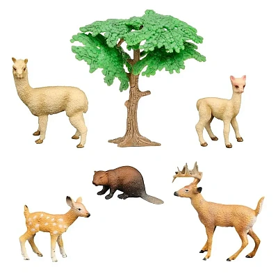 Набор фигурок животных серии "Мир диких животных": бобер, лама с детенышем, олень с олененком