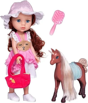 Кукла "Ardana Baby" шатенка в розово-белом платье с единорогом, 32,5 см, в наборе с аксессуарами