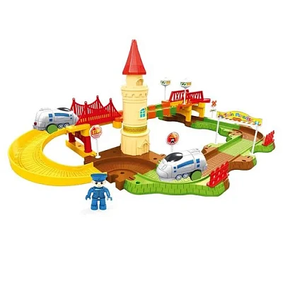 Игровой набор QI YUE "Железная дорога: Башня и большой мост" (35х46х18 см, 33 дет., подвиж. поезд, а