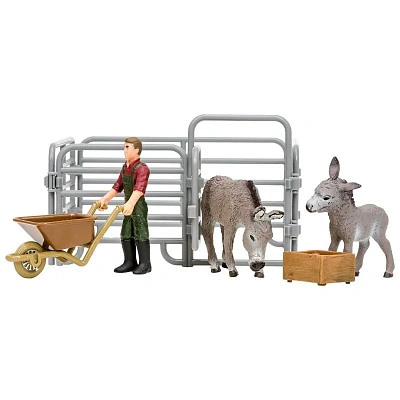 Игрушки фигурки в наборе серии "На ферме", 6 предметов (фермер, 2 ослика, ограждение-загон, инвентар