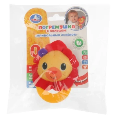 Текстильная игрушка погремушка на прорезывателе лев на карт. в пак. (русс. уп.) «Умка»