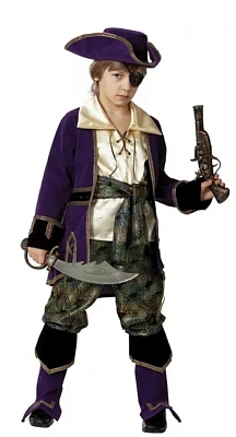 Карнавальный костюм "Капитан Пиратов" лиловый (камзол, рубаха, брюки с сапогами, пояс,треуголка,  на