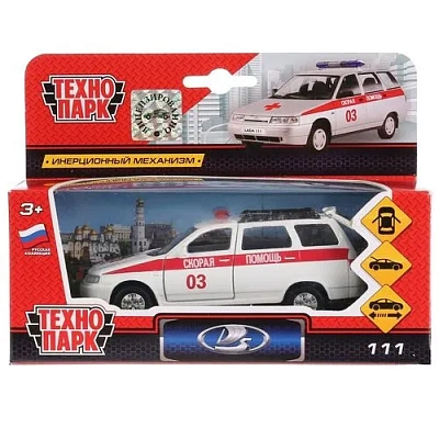 Машина металл LADA 111 скорая 12см, открыв. двери и багажник, инерц в кор. 