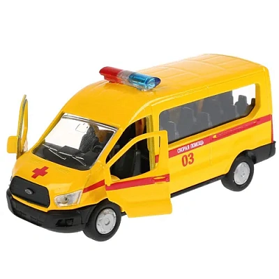 Машина металл FORD Transit скорая 12см, открыв. двери, инерц. в кор. Технопарк