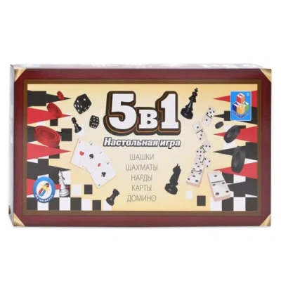 1toy Игра настольная 5в1 «Шашки/шахматы/нарды/карты/домино» на магните 25х13,2х3,5см