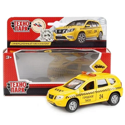 МАШИНА "ТЕХНОПАРК" МЕТАЛЛ. ИНЕРЦ. NISSAN TERRANO ТАКСИ 12СМ, ОТКРЫВ. ДВЕРИ В РУСС. КОР.