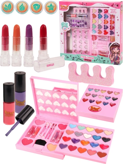 Набор детской космет.(тени,блеск,румяна,лак,помада,зеркало,накл.ногти,раздел.,апплик.,кисть