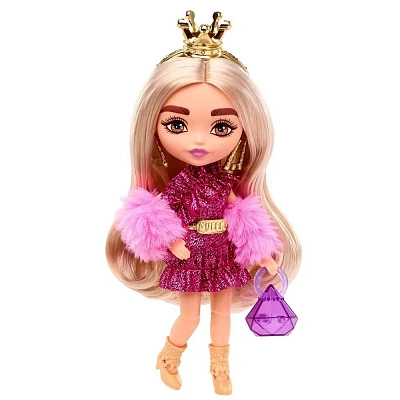 Barbie Мини-кукла Экстра Модница в мерцающем платье с меховой накидкой