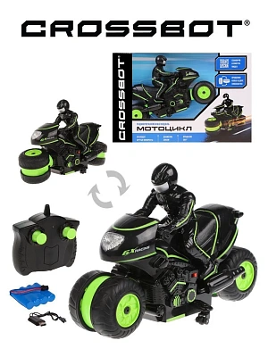Мотоцикл на радиоуправлении разворот колес, движение боком, черно-зел., арт. 870602 