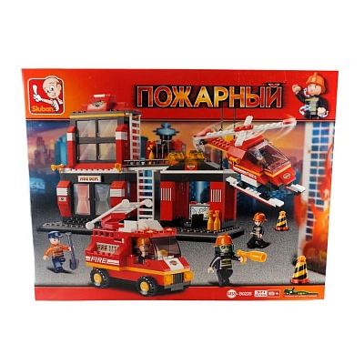Конструктор пластмассовый Sluban “Пожарный: Дежурная часть“ (двухэтажный дом, вертолёт, пожарная маш