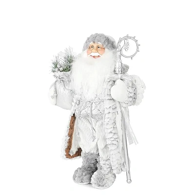 Новый Год Дед Мороз Maxitoys в Длинной Серебряной Шубке с Посохом и Подарками, 30 см