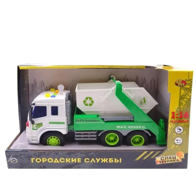 Машинка 1:16 «Мусоровоз с контейнером», пластмассовая инерционная, со звуковыми и световым эффектом