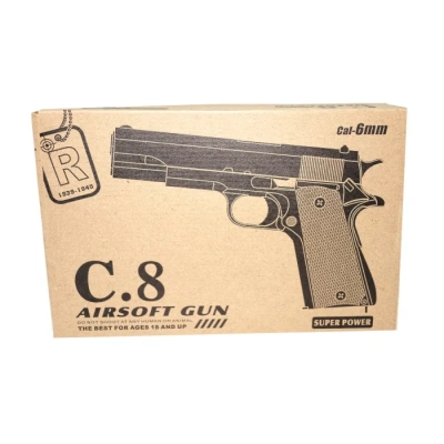 Пистолет (п) металл., съемный магазин, с пульками C8 в кор.