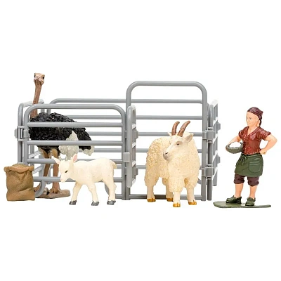 Игрушки фигурки в наборе серии "На ферме", 6 предметов (фермер, 2 козлика, страус, ограждение-загон,