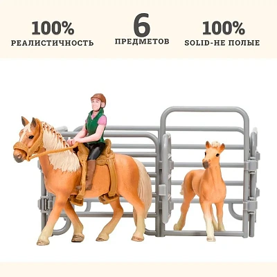 Игрушки фигурки в наборе серии "На ферме", 6 предметов: Авелинская лошадь и жеребенок, наездница, ог