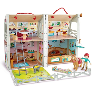 Деревянный кукольный домик "Моя любимая ферма", с мебелью 25 предметов, 1 куклой в наборе,