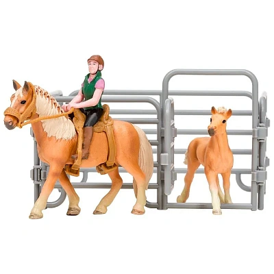 Игрушки фигурки в наборе серии "На ферме", 6 предметов: Авелинская лошадь и жеребенок, наездница, ог