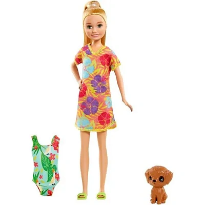 Barbie  Игровой Набор кукла Стейси рыжеволосая в платье с питомцем и аксессуарами