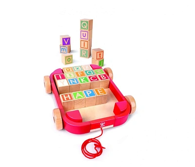 Игрушечная детская деревянная каталка-тележка с кубиками и английским алфавитом 