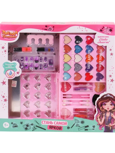 Набор детской космет.(тени,блеск,румяна,лак,помада,зеркало,накл.ногти,раздел.,апплик.,кисть