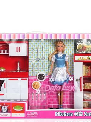 DEFA Lucy Набор "Умелая хозяйка" (в комплекте кукла, кухня, микр. печь с подсветкой, аксессуары.