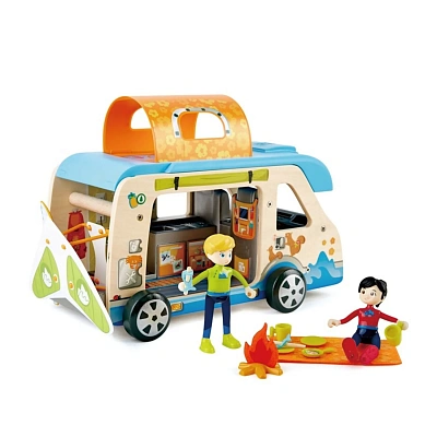 Деревянный кукольный домик "Фургон для приключений", с аксессуарами 20 предметов, 2 куклам