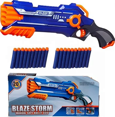 Бластер "Blaze Storm" синий с 20 мягкими пулями, механический, в открытой коробке