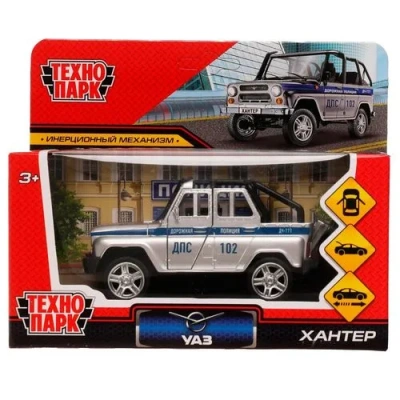Машина металл UAZ HUNTER ПОЛИЦИЯ 11,5 см, двери, багаж, серебристый, кор. Технопарк