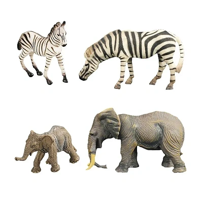 Набор фигурок животных серии "Мир диких животных": Семья зебр и семья слонов, 4 предмета 