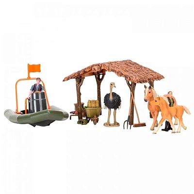 Набор фигурок животных серии "На ферме": Ферма игрушка, лошади, страус, лодка, фермеры. 22 предмета