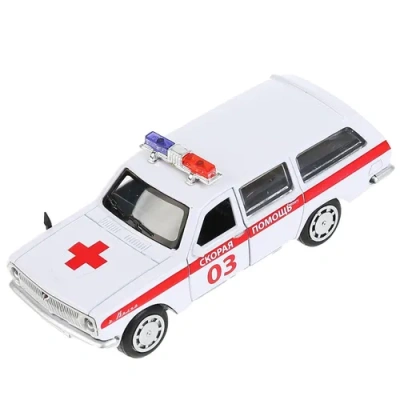 Машина металл ГАЗ-2402 «ВОЛГА» СКОРАЯ 12 см, двери, багаж, белая, в кор. Технопарк 