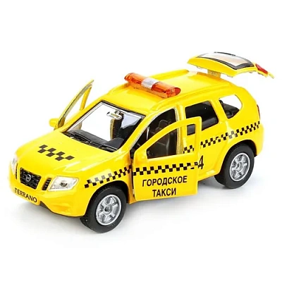 МАШИНА "ТЕХНОПАРК" МЕТАЛЛ. ИНЕРЦ. NISSAN TERRANO ТАКСИ 12СМ, ОТКРЫВ. ДВЕРИ В РУСС. КОР.