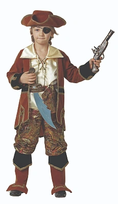 Карнавальный костюм "КАПИТАН ПИРАТОВ" коричневый (камзол, рубаха, брюки с сапогами, пояс,треуголка,  набор Пирата, мушкет) (К-премьер) р. 36