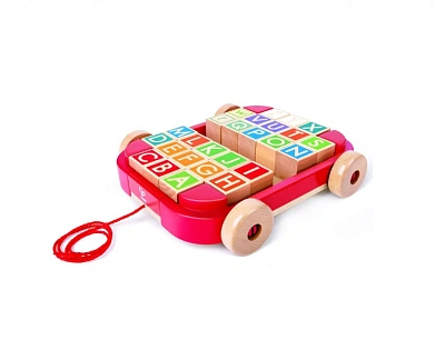 Игрушечная детская деревянная каталка-тележка с кубиками и английским алфавитом 