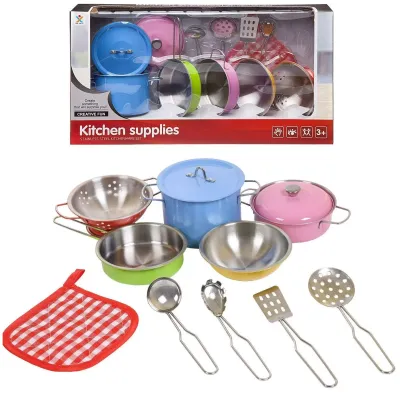 Посуда металлическая (разноцветная), в наборе 12 предметов,